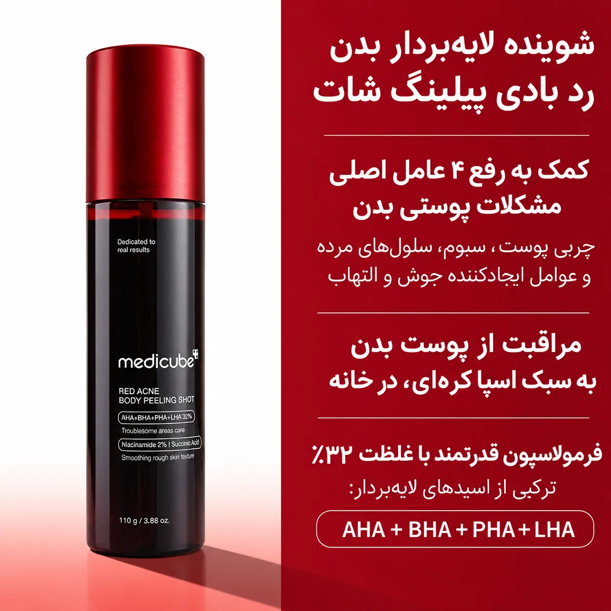 بطری اسپری پیلینگ بدن ضد جوش مدیکیوب در کنار معرفی ترکیبات AHA، BHA، PHA و LHA روی زمینه سفید و قرمز
